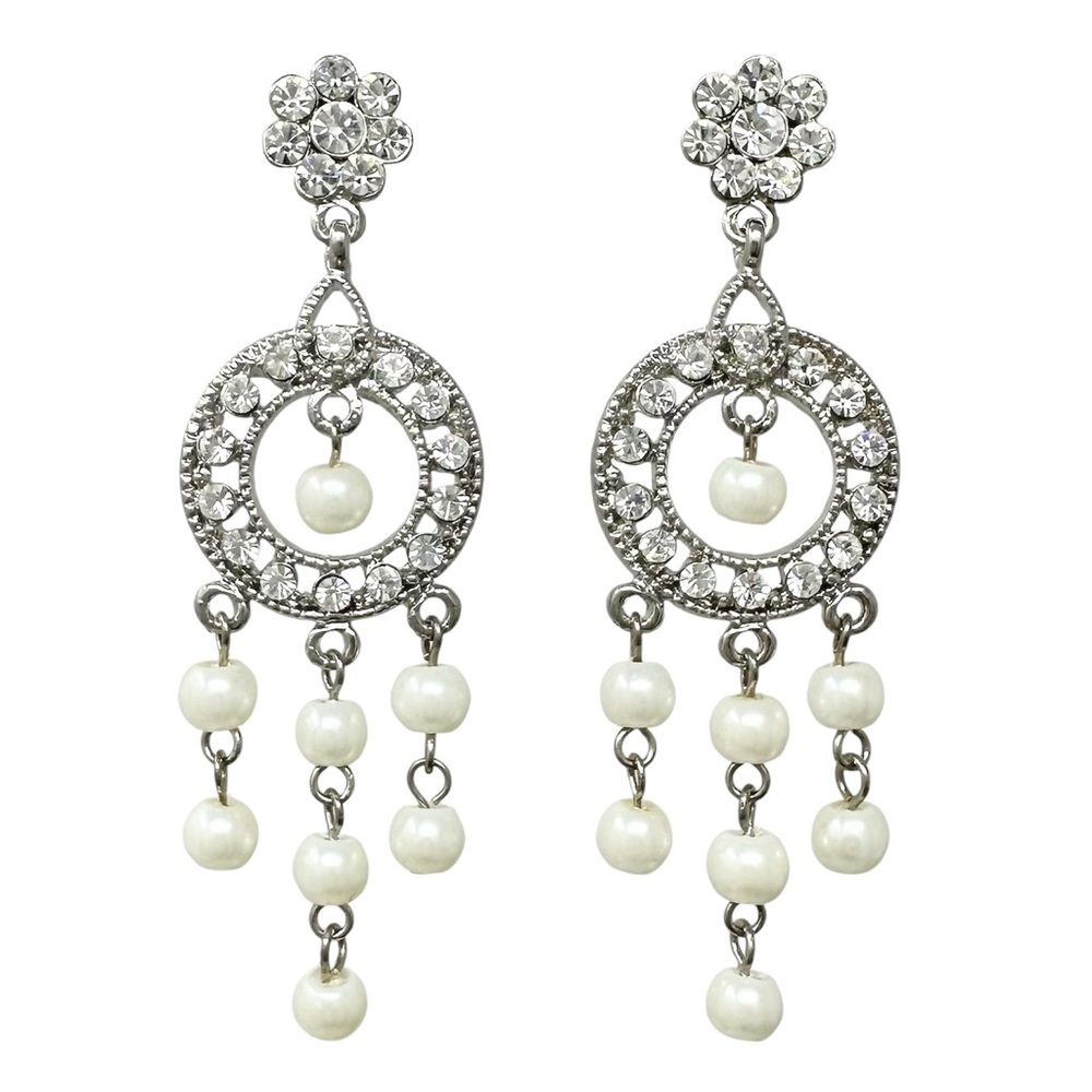 Pearl Bead Rhinestone Chandelier Silver Tone Post Drop Earrings